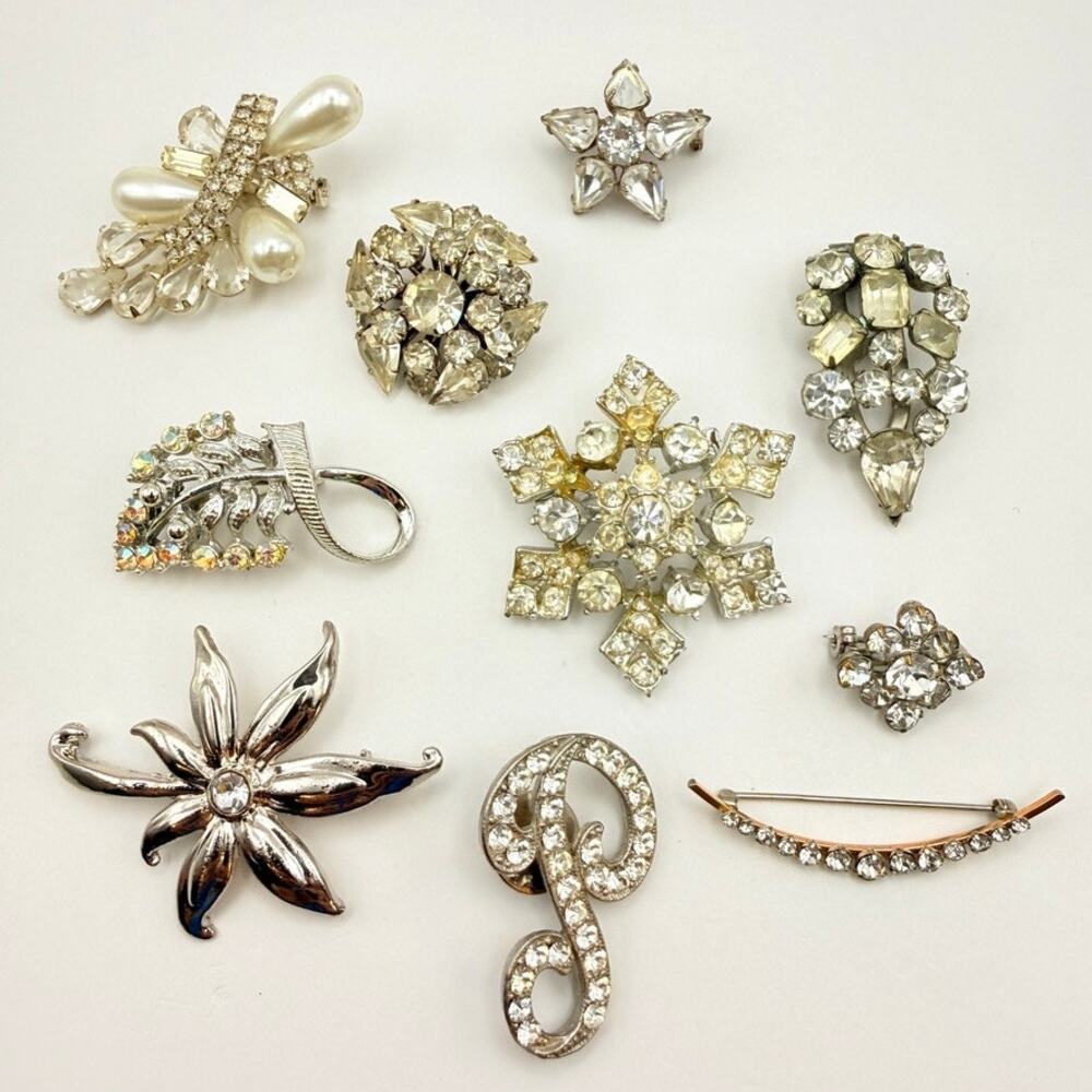 Lot of 10 Vintage Estate Crystal Rhinestone Brooches Pins AB White Paste